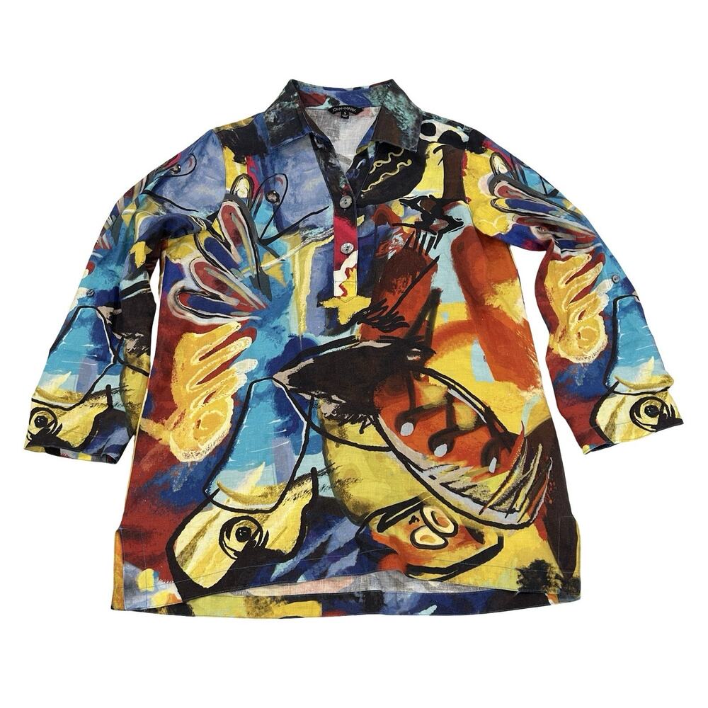 John Mark Linen Tunic Shirt Size S Multi Color Abstract Print Popover 3/4 Sleeve